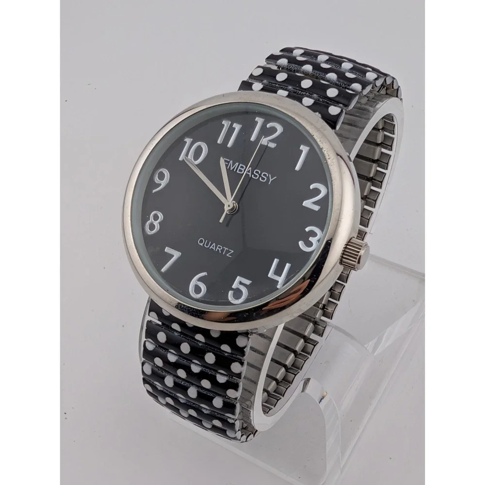 Embassy Women's watch 42mm Case Polka Dot Stretch Band- New Battery